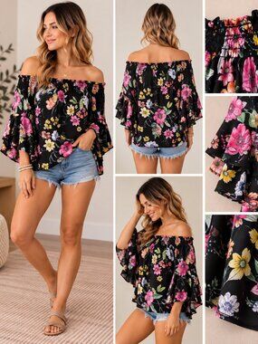 Haute Project Black Floral Off Shoulder Bell Sleeve Blouse Women’s M